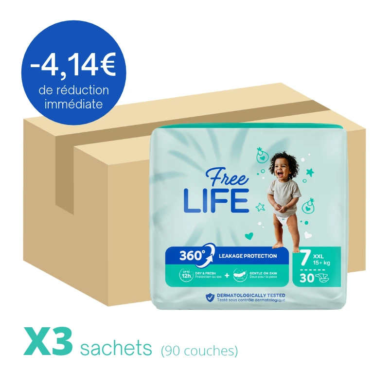 Couche Bébé Freelife 360° N°7 XXL 15+kg Sachet de 30 couches carton.webp