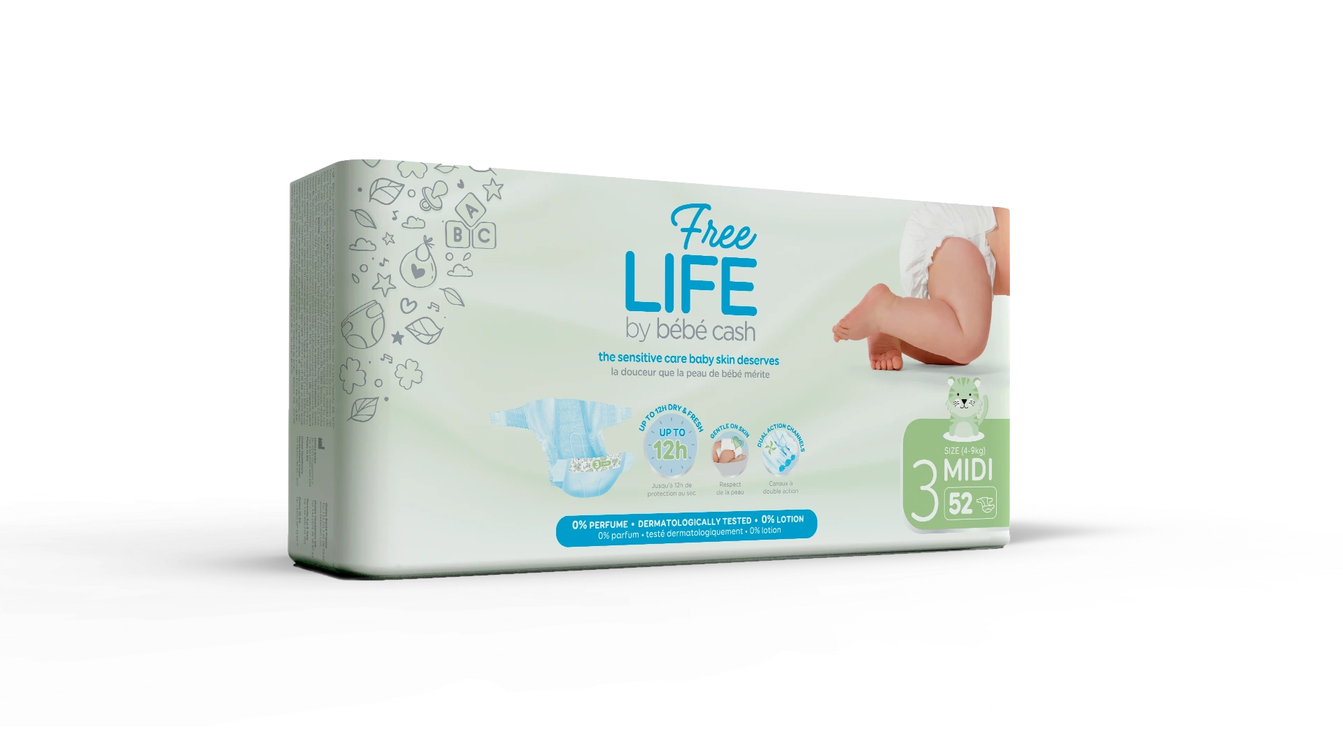 [CBCFM4/9-52] Couche Bébé Freelife N°3 Midi 4-9Kg Sachet de 52 couches