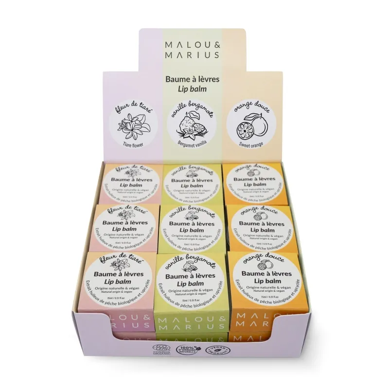 Baume à lèvres 100% d'origine naturelle et Végan Malou et Marius 15ml (Fleur de Tiare)